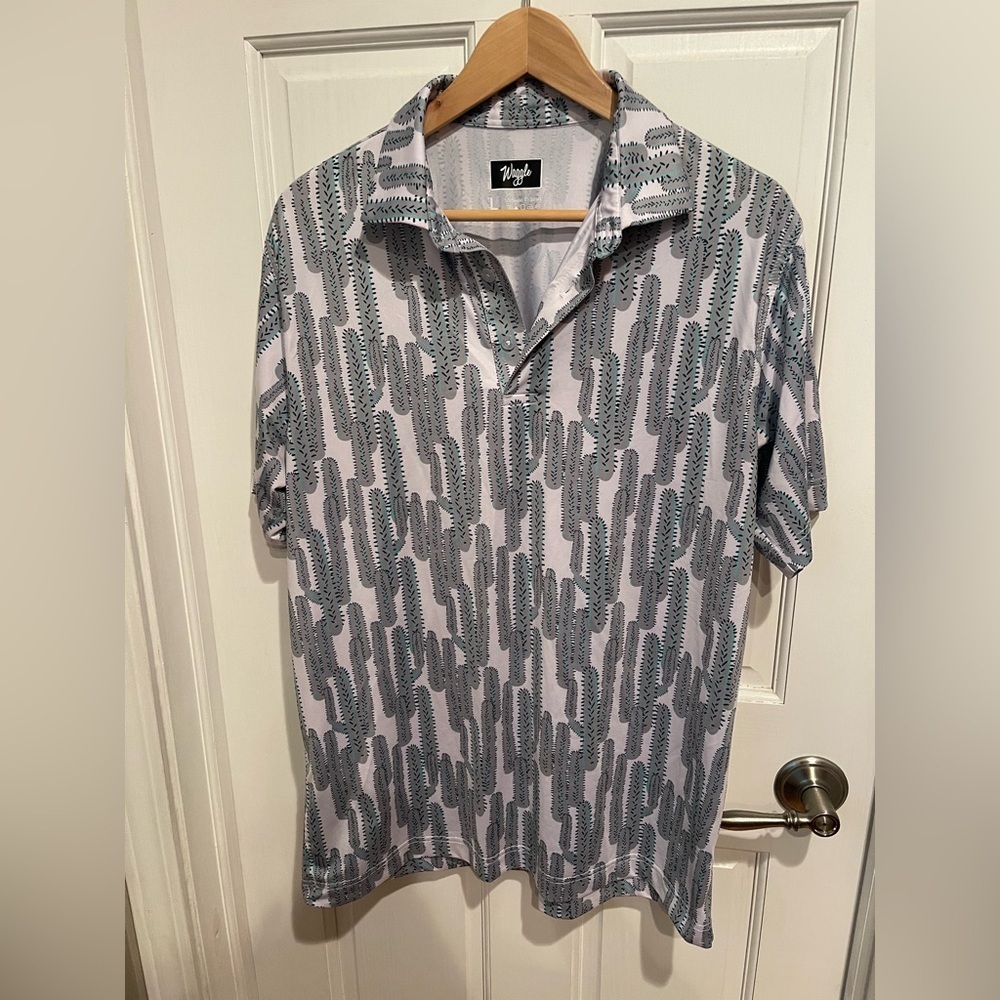 Waggle Mens Gray Cactus Print Polo Golf Shirt L